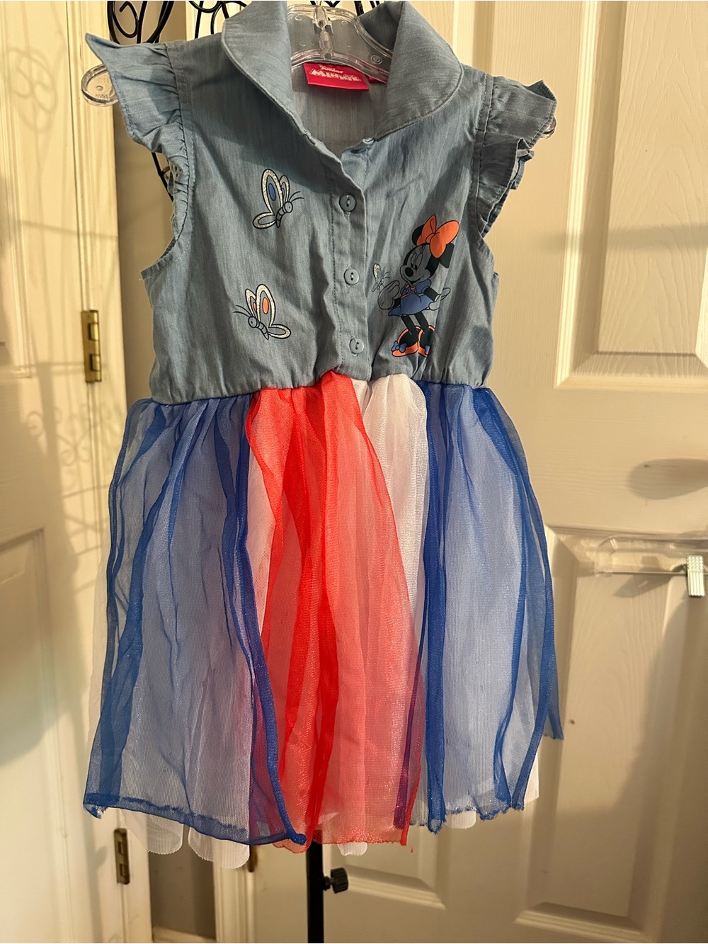 Disney Denim Minnie Mouse Dress with Red White Blue Tulle
